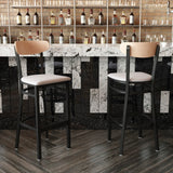 English Elm Commercial Grade Commercial Barstool with 500 LB. Capacity Black Steel Frame, Natural Birch Finish Wooden Boomerang Back, and Vinyl Seat