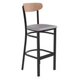 English Elm Commercial Grade Commercial Barstool with 500 LB. Capacity Black Steel Frame, Natural Birch Finish Wooden Boomerang Back, and Vinyl Seat