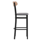 English Elm Commercial Grade Commercial Barstool with 500 LB. Capacity Black Steel Frame, Natural Birch Finish Wooden Boomerang Back, and Vinyl Seat