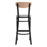 English Elm Commercial Grade Commercial Barstool with 500 LB. Capacity Black Steel Frame, Natural Birch Finish Wooden Boomerang Back, and Vinyl Seat