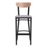 English Elm Commercial Grade Commercial Barstool with 500 LB. Capacity Black Steel Frame, Natural Birch Finish Wooden Boomerang Back, and Vinyl Seat