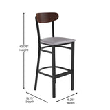 English Elm Commercial Grade Commercial Barstool with 500 LB. Capacity Black Steel Frame, Walnut Finish Wooden Boomerang Back, and Vinyl Seat