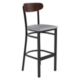 English Elm Commercial Grade Commercial Barstool with 500 LB. Capacity Black Steel Frame, Walnut Finish Wooden Boomerang Back, and Vinyl Seat