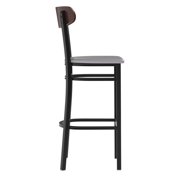 English Elm Commercial Grade Commercial Barstool with 500 LB. Capacity Black Steel Frame, Walnut Finish Wooden Boomerang Back, and Vinyl Seat