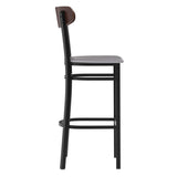 English Elm Commercial Grade Commercial Barstool with 500 LB. Capacity Black Steel Frame, Walnut Finish Wooden Boomerang Back, and Vinyl Seat