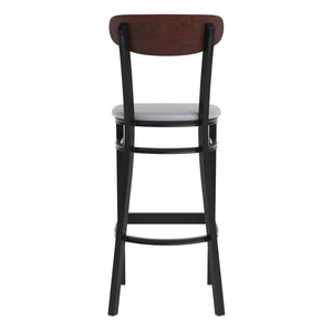 English Elm Commercial Grade Commercial Barstool with 500 LB. Capacity Black Steel Frame, Walnut Finish Wooden Boomerang Back, and Vinyl Seat
