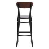 English Elm Commercial Grade Commercial Barstool with 500 LB. Capacity Black Steel Frame, Walnut Finish Wooden Boomerang Back, and Vinyl Seat