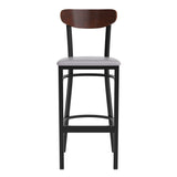 English Elm Commercial Grade Commercial Barstool with 500 LB. Capacity Black Steel Frame, Walnut Finish Wooden Boomerang Back, and Vinyl Seat