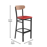 English Elm Commercial Grade Commercial Barstool with 500 LB. Capacity Black Steel Frame, Natural Birch Finish Wooden Boomerang Back, and Vinyl Seat