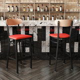 English Elm Commercial Grade Commercial Barstool with 500 LB. Capacity Black Steel Frame, Natural Birch Finish Wooden Boomerang Back, and Vinyl Seat