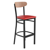 English Elm Commercial Grade Commercial Barstool with 500 LB. Capacity Black Steel Frame, Natural Birch Finish Wooden Boomerang Back, and Vinyl Seat