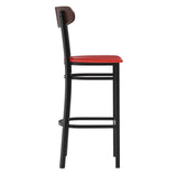 English Elm Commercial Grade Commercial Barstool with 500 LB. Capacity Black Steel Frame, Walnut Finish Wooden Boomerang Back, and Vinyl Seat