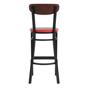 English Elm Commercial Grade Commercial Barstool with 500 LB. Capacity Black Steel Frame, Walnut Finish Wooden Boomerang Back, and Vinyl Seat