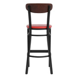 English Elm Commercial Grade Commercial Barstool with 500 LB. Capacity Black Steel Frame, Walnut Finish Wooden Boomerang Back, and Vinyl Seat