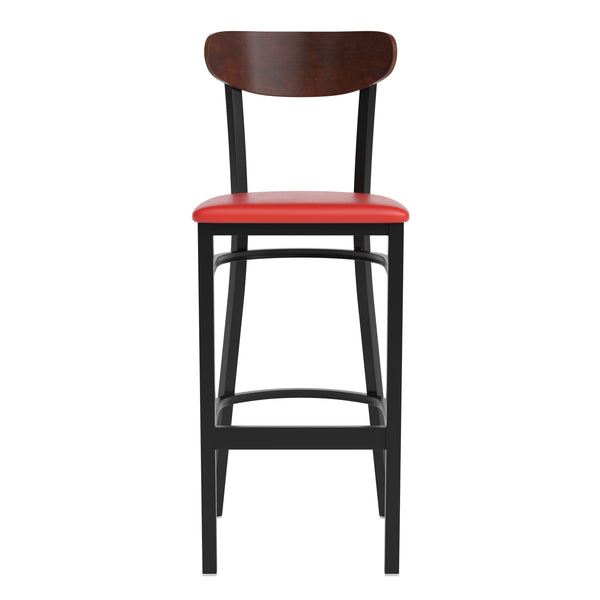English Elm Commercial Grade Commercial Barstool with 500 LB. Capacity Black Steel Frame, Walnut Finish Wooden Boomerang Back, and Vinyl Seat