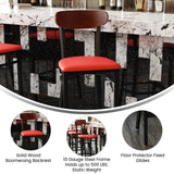 English Elm Commercial Grade Commercial Barstool with 500 LB. Capacity Black Steel Frame, Walnut Finish Wooden Boomerang Back, and Vinyl Seat