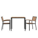 English Elm Commercial Grade 3 Piece Outdoor Dining Table Set - Synthetic Poly Slats - 35" Square Steel Framed Table - Umbrella Hole - 2 Club Chairs