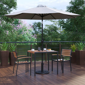 English Elm Commercial Grade 5 Piece Outdoor Patio Table Set with 2 Synthetic Teak Stackable Chairs, 35" Square Table, Umbrella & Base