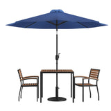 English Elm Commercial Grade 5 Piece Outdoor Patio Table Set with 2 Synthetic Teak Stackable Chairs, 35" Square Table, Umbrella & Base