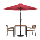 English Elm Commercial Grade 5 Piece Outdoor Patio Table Set with 2 Synthetic Teak Stackable Chairs, 35" Square Table, Umbrella & Base