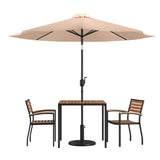 English Elm Commercial Grade 5 Piece Outdoor Patio Table Set with 2 Synthetic Teak Stackable Chairs, 35" Square Table, Umbrella & Base