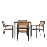 English Elm Commercial Grade 5 Piece Outdoor Dining Table Set - Synthetic Poly Slats - 35" Square Steel Framed Table - Umbrella Hole - 4 Club Chairs