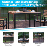 English Elm Commercial Grade 5 Piece Outdoor Dining Table Set - Synthetic Poly Slats - 35" Square Steel Framed Table - Umbrella Hole - 4 Club Chairs