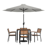 English Elm Commercial Grade 7 Piece Outdoor Patio Table Set with 4 Synthetic Teak Stackable Chairs, 35" Square Table, Umbrella & Base