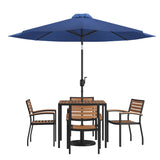 English Elm Commercial Grade 7 Piece Outdoor Patio Table Set with 4 Synthetic Teak Stackable Chairs, 35" Square Table, Umbrella & Base