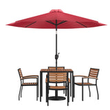 English Elm Commercial Grade 7 Piece Outdoor Patio Table Set with 4 Synthetic Teak Stackable Chairs, 35" Square Table, Umbrella & Base