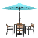 English Elm Commercial Grade 7 Piece Outdoor Patio Dining Table Set - 4 Synthetic Teak Stackable Chairs, 35" Square Table, Umbrella & Base