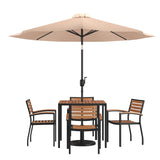 English Elm Commercial Grade 7 Piece Outdoor Patio Table Set with 4 Synthetic Teak Stackable Chairs, 35" Square Table, Umbrella & Base