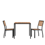 English Elm Commercial Grade 3 Piece Patio Table Set - Synthetic Poly Slats - 35" Square Steel Framed Table with 2 Stackable Faux Chairs