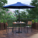 English Elm Commercial Grade 5 Piece All-Weather Deck or Patio Set-2 Stacking Faux Teak Chairs, 35" Square Faux Teak Table, Umbrella & Base