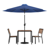 English Elm Commercial Grade 5 Piece All-Weather Deck or Patio Set-2 Stacking Faux Teak Chairs, 35" Square Faux Teak Table, Umbrella & Base