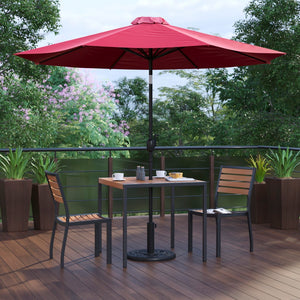 English Elm Commercial Grade 5 Piece All-Weather Deck or Patio Set - 2 Stacking Faux Teak Chairs, 35" Square Faux Teak Table, Umbrella & Base