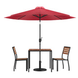 English Elm Commercial Grade 5 Piece All-Weather Deck or Patio Set - 2 Stacking Faux Teak Chairs, 35" Square Faux Teak Table, Umbrella & Base