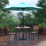 English Elm Commercial Grade 5 Piece All-Weather Deck or Patio Set-2 Stacking Faux Teak Chairs, 35" Square Faux Teak Table, Umbrella & Base