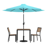 English Elm Commercial Grade 5 Piece All-Weather Deck or Patio Set-2 Stacking Faux Teak Chairs, 35" Square Faux Teak Table, Umbrella & Base