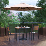 English Elm Commercial Grade 5 Piece All-Weather Deck or Patio Set - 2 Stacking Faux Teak Chairs, 35" Square Faux Teak Table, Umbrella & Base