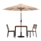 English Elm Commercial Grade 5 Piece All-Weather Deck or Patio Set - 2 Stacking Faux Teak Chairs, 35" Square Faux Teak Table, Umbrella & Base