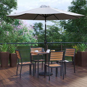 English Elm Commercial Grade 7 Piece All-Weather Deck or Patio Set-4 Stacking Faux Teak Chairs, 35" Square Faux Teak Table, Umbrella & Base