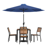 English Elm Commercial Grade 7 Piece All-Weather Deck or Patio Set-4 Stacking Faux Teak Chairs, 35" Square Faux Teak Table, Umbrella & Base