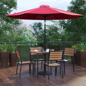 English Elm Commercial Grade 7 Piece All-Weather Deck or Patio Set - 4 Stacking Faux Teak Chairs, 35" Square Faux Teak Table, Umbrella & Base