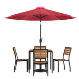 English Elm Commercial Grade 7 Piece All-Weather Deck or Patio Set - 4 Stacking Faux Teak Chairs, 35" Square Faux Teak Table, Umbrella & Base