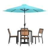 English Elm Commercial Grade 7 Piece All-Weather Deck or Patio Set-4 Stacking Faux Teak Chairs, 35" Square Faux Teak Table, Umbrella & Base