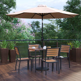 English Elm Commercial Grade 7 Piece All-Weather Deck or Patio Set - 4 Stacking Faux Teak Chairs, 35" Square Faux Teak Table, Umbrella & Base