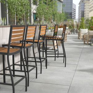 English Elm Commercial Grade Commercial Grade Bar Height Stool, All-Weather Outdoor Bar Stool with Faux Wood Poly Resin Slats and Aluminum Frame,