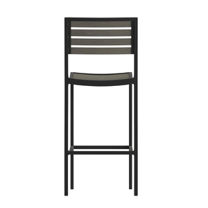English Elm Commercial Grade Commercial Grade Bar Height Stool, All-Weather Outdoor Bar Stool with Faux Wood Poly Resin Slats and Aluminum Frame,