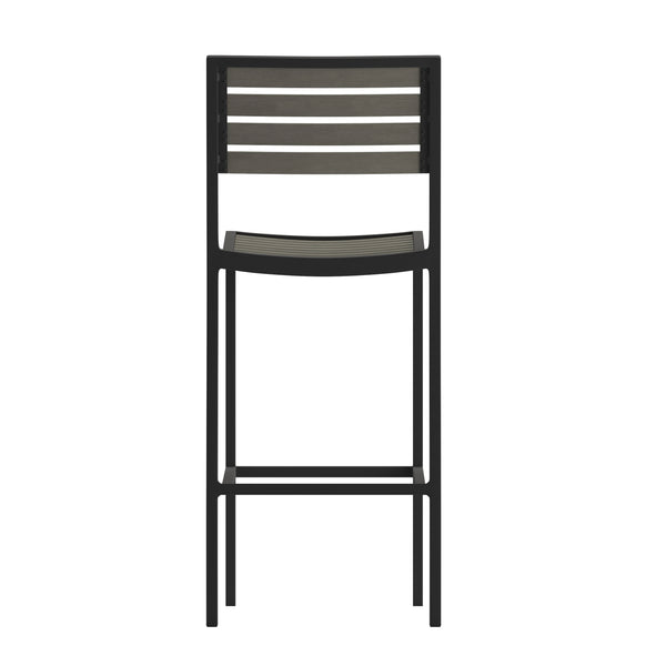 English Elm Commercial Grade Commercial Grade Bar Height Stool, All-Weather Outdoor Bar Stool with Faux Wood Poly Resin Slats and Aluminum Frame,